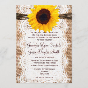 Invitation Rustique Burlap Lace Twine Sunflower Wedding Invit