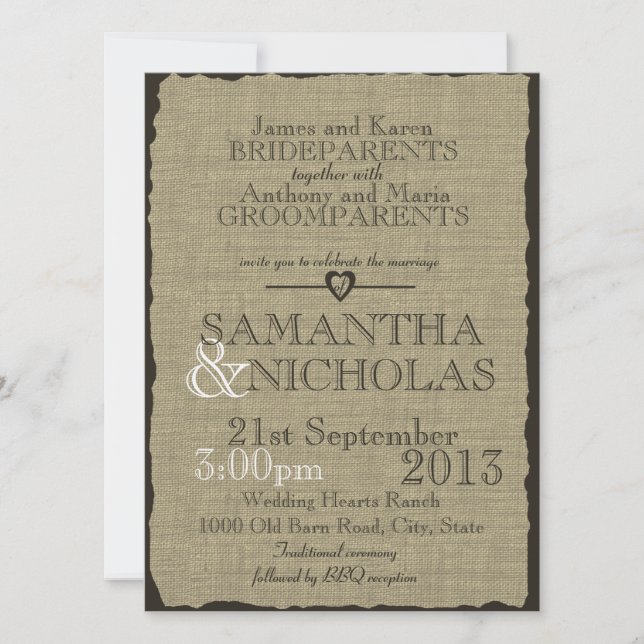 Invitation Rustique Burlap Look Mariage (Devant)