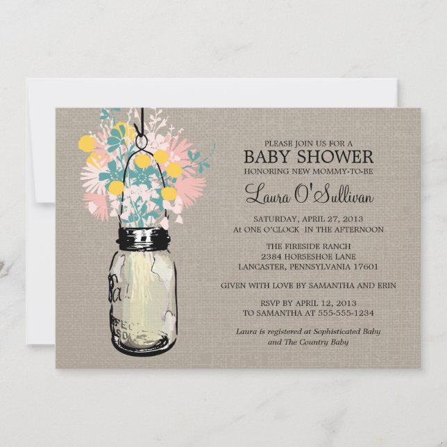 Invitation Rustique Burlap Mason Jar Baby shower Fleur sauvag (Devant)