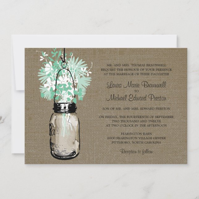 Invitation Rustique Burlap Mason Jar et Mariage Fleur sauvage (Devant)