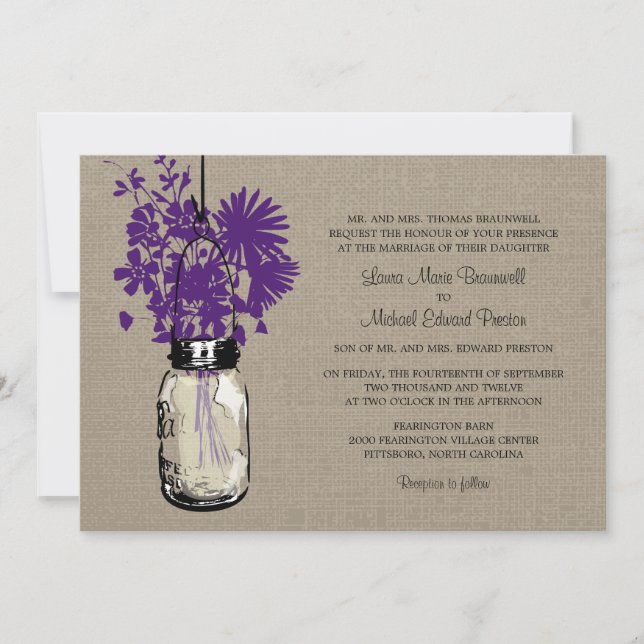 Invitation Rustique Burlap Mason Jar et Mariage Fleur sauvage (Devant)