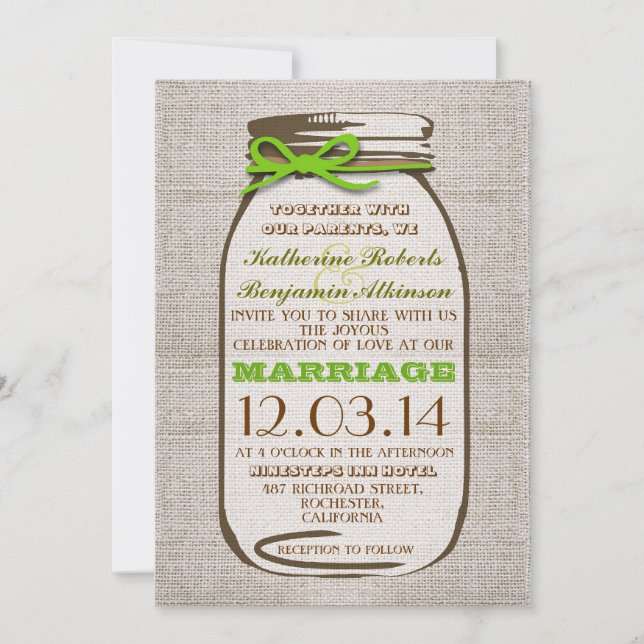 Invitation Rustique Burlap Mason Jar Mariage (Devant)