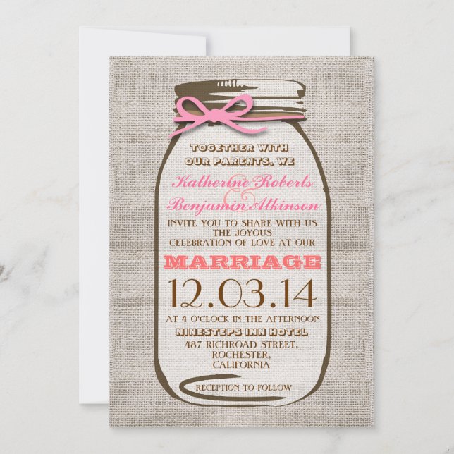 Invitation Rustique Burlap Mason Jar Mariage (Devant)