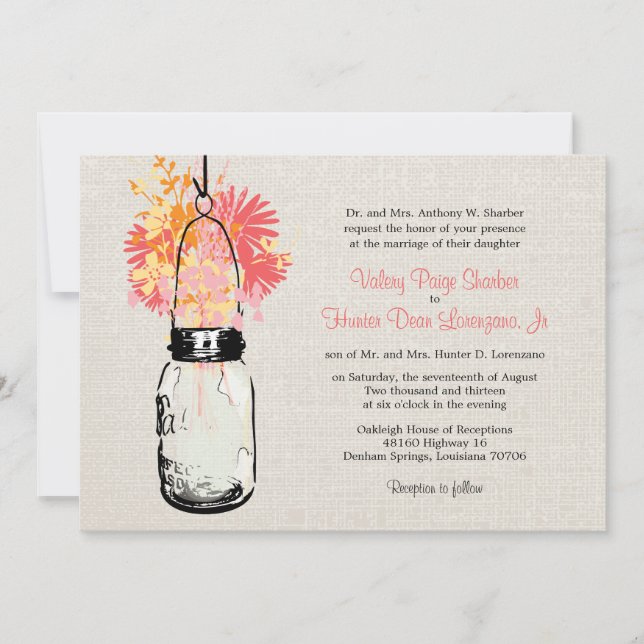 Invitation Rustique Burlap Mason Jar Mariage Fleur sauvage (Devant)