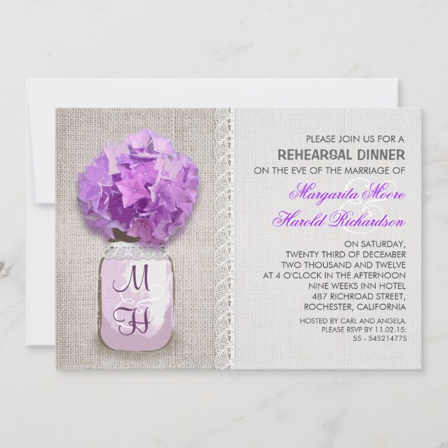 Invitation Rustique Burlap Mason Jar Purple Reprême Dîner (Devant)