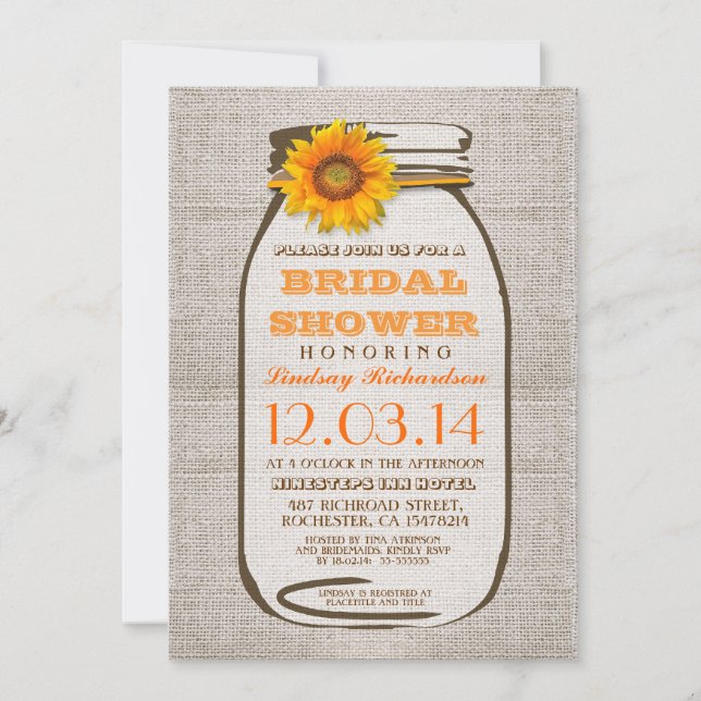 Invitation Rustique Burlap Mason Jar Sunflower Fête des marié (Devant)