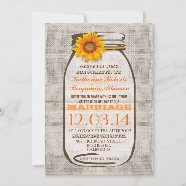 Invitation Rustique Burlap Mason Jar Sunflower Mariage invite (Devant)