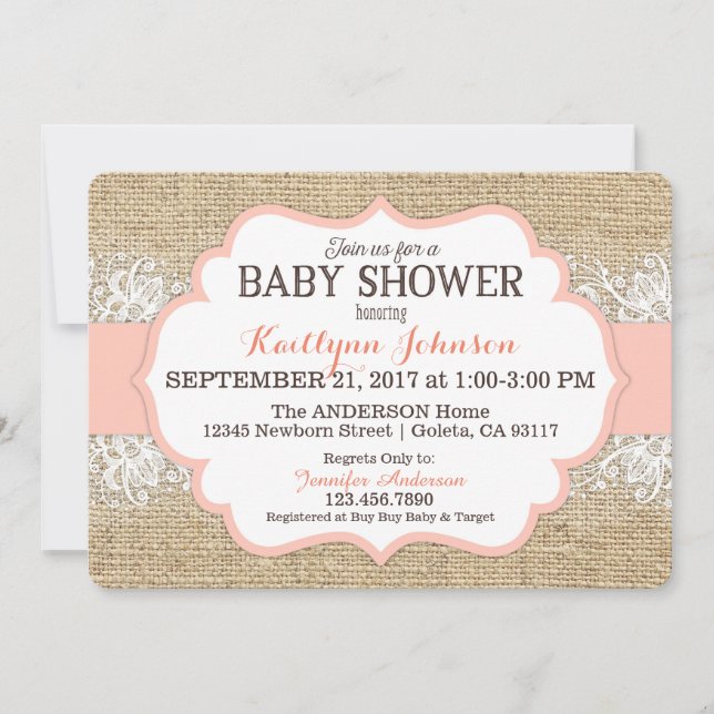 Invitation Rustique Burlap Moderne dentelle Coral Baby shower (Devant)