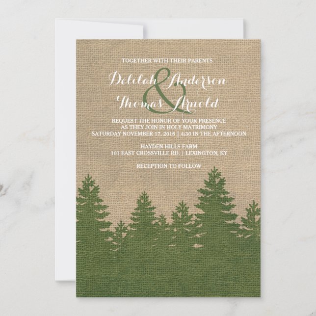Invitation Rustique Burlap Pine Trees Hiver Mariage Invitatio (Devant)
