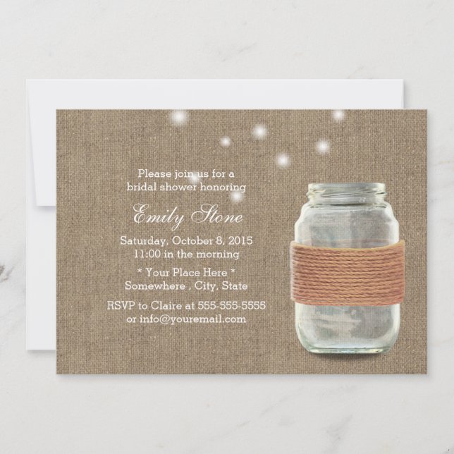 Invitation Rustique Burlap Twine & Mason Jar Fête des mariées (Devant)