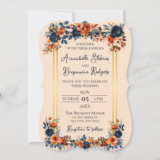 Invitation Rustique Burnt Orange et Mariage bleu (Devant)