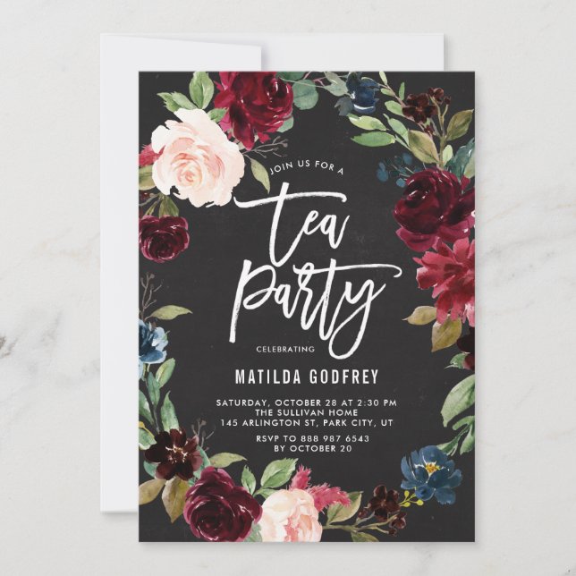 Invitation Rustique Chalkboard Automne Floral Frame Tea Party (Devant)