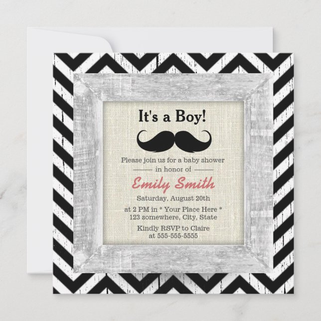 Invitation Rustique Chevron Stripes Mustache Boy Baby shower (Devant)