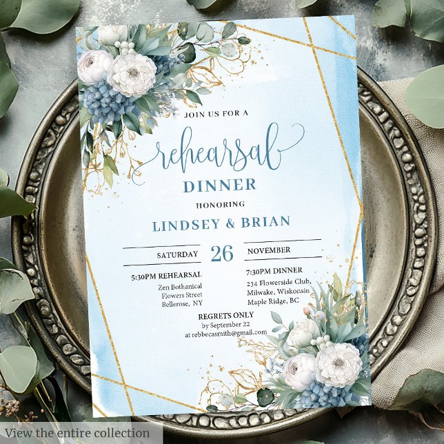 Invitation Rustique Chic Dusty Blue Greenery (Rustic Chic Dusty Blue Greenery Gold Rehearsal Invite)