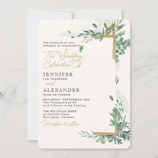 Invitation Rustique Chic Gold & Greenery Eucalyptus Mariage (Devant)
