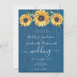 Invitation Rustique Chic Sunflower Marine Bleu Mariage en boi