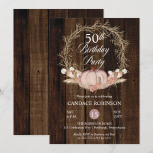 Invitation Rustique Citrouille Pampas Wreath 50e fête d'anniv