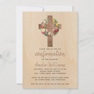 Invitation Rustique Confirmation Rose Wreath Wood Cross