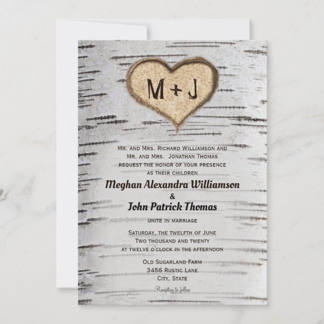 Invitation Rustique Country Birch Tree Initiales Mariage card (Devant)