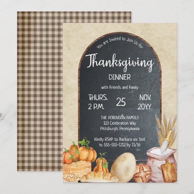 Invitation Rustique Country Chic Chalkboard Thanksgiving Dîne (Devant / Derrière)