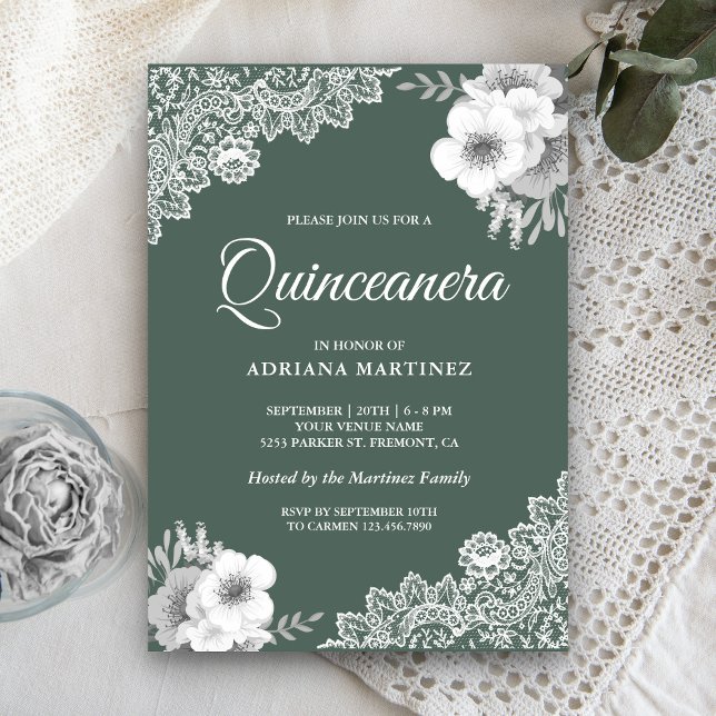 Invitation Rustique Country Fleurs Vert Poussiéreux Dentelle  (Créateur téléchargé)