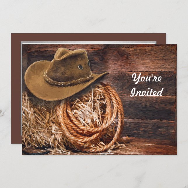 Invitation Rustique Cowboy Casquette Rope Hay Photo Anniversa (Devant / Derrière)