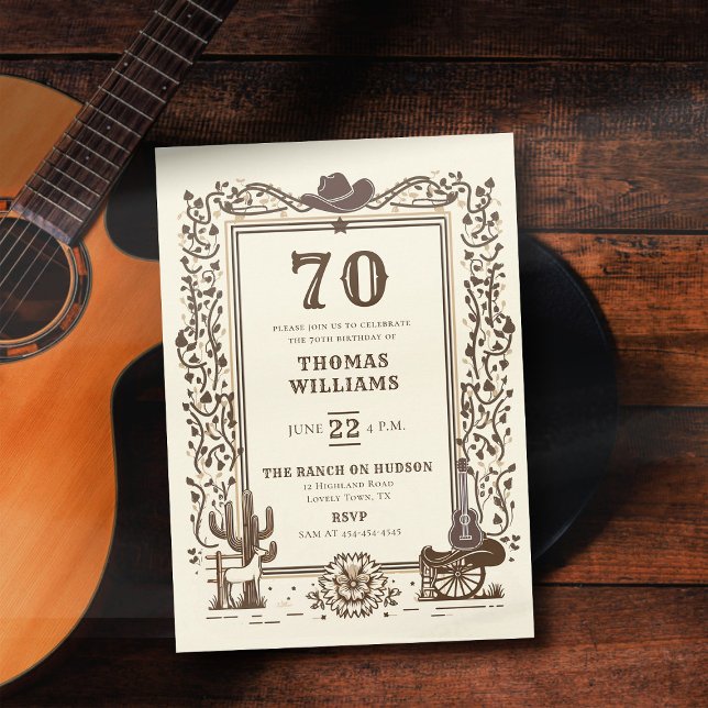 Invitation Rustique Cowboy Country Western Frame 70e annivers (birthday invitation for men country western barn backyard rustic elegant botanical cactus horse)