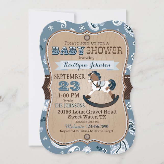 Invitation Rustique Cowboy Western Rocse Baby shower (Devant)