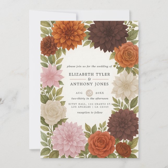 Invitation Rustique Dahlia Earthy Fall Tones Mariage d'aquare (Devant)
