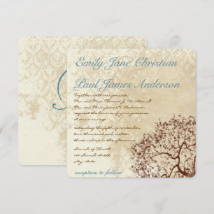 Invitation Rustique Damask Brown Tree Turquoise Font Wedding