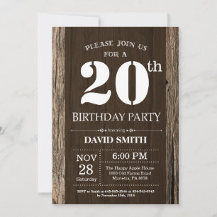 Invitation rustique d'anniversaire 20 ans Bois vin