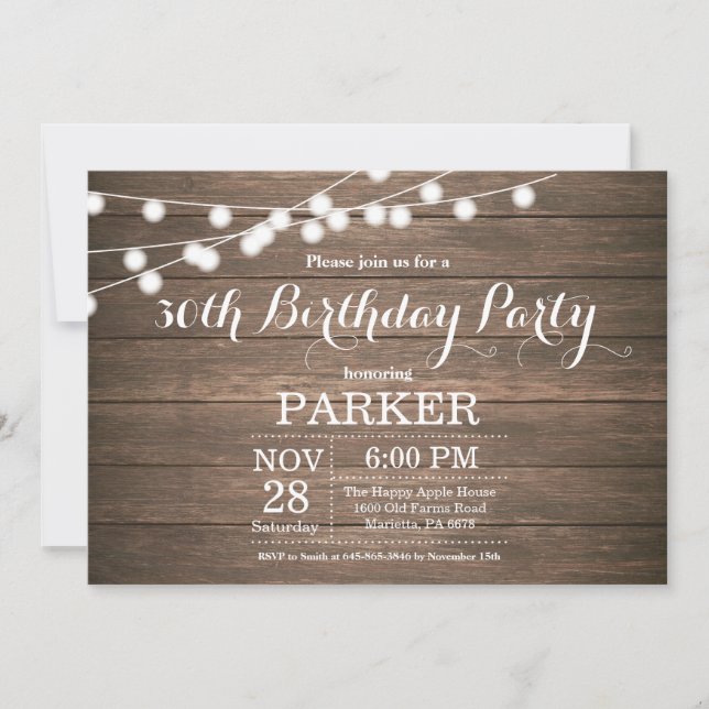 Invitation rustique d'anniversaire 30 ans en bois (Devant)