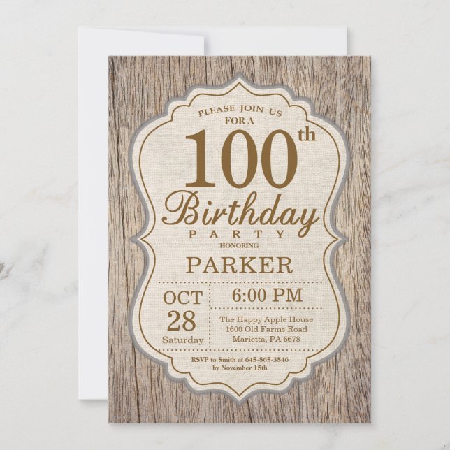Invitation Rustique de 100e Anniversaire en Bois (Devant)