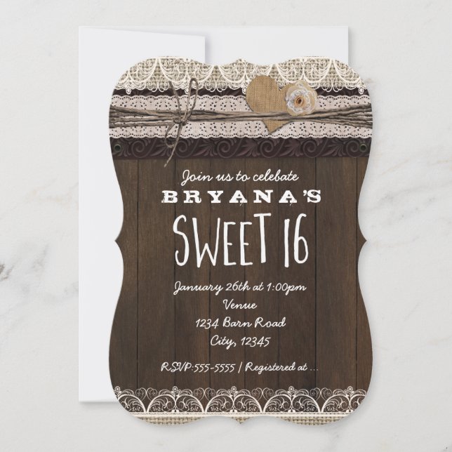 Invitation Rustique de Campagne SWEET 16 Toile et  (Devant)