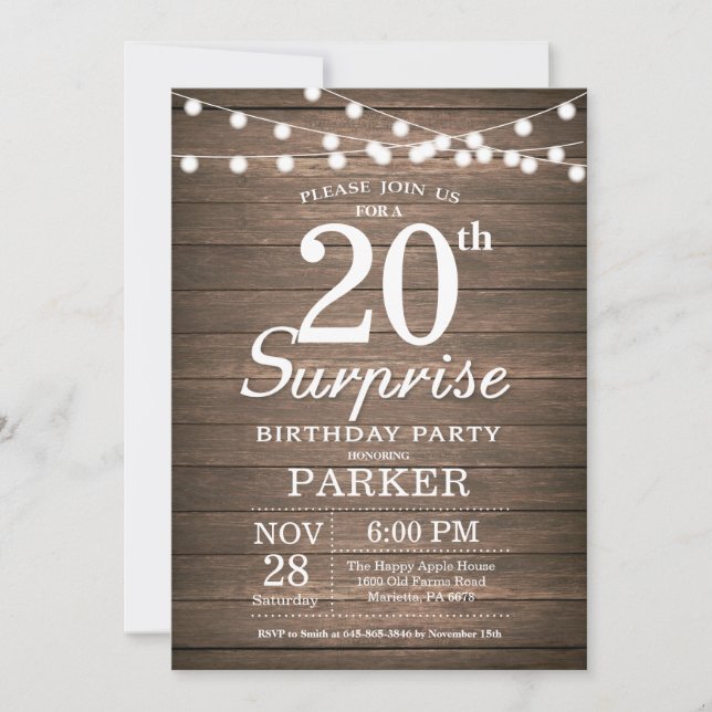 Invitation Rustique de Surprise pour les 20 ans en (Devant)