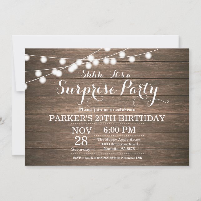 Invitation Rustique de Surprise pour les 20 ans en (Devant)