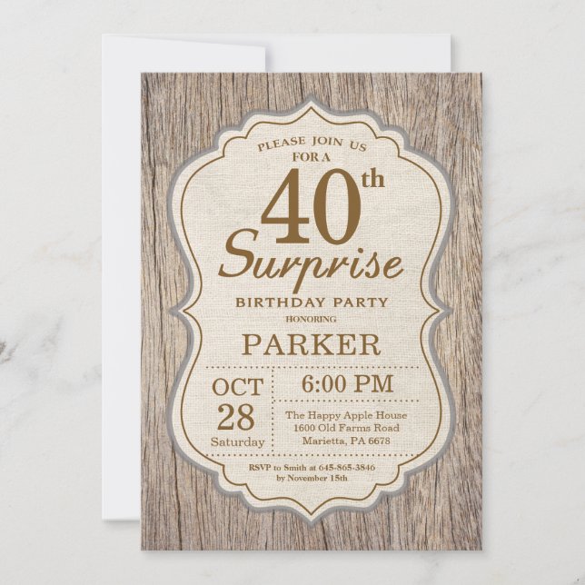 Invitation Rustique de Surprise pour les 40 ans An (Devant)