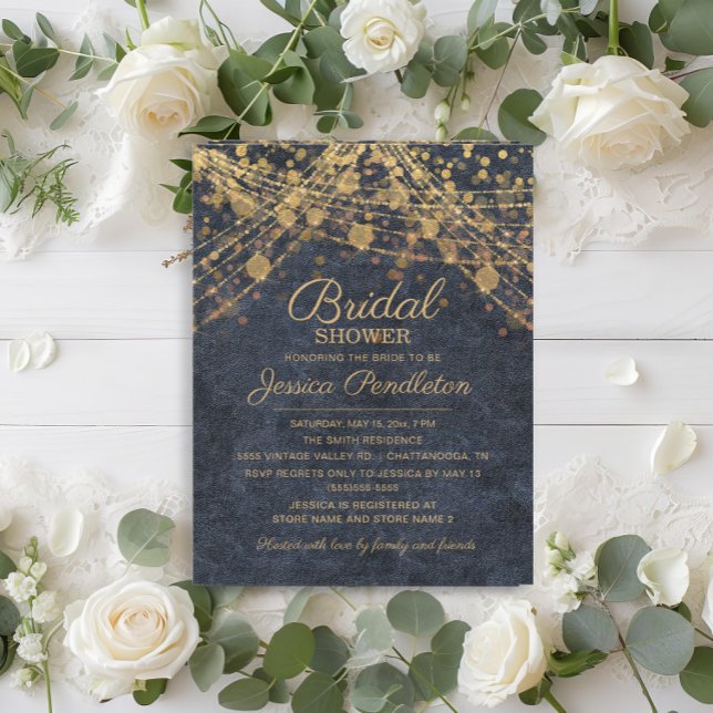 Invitation Rustique Denim Blue Gold String Lumières Fête des  (Rustic glam navy blue and gold string lights wedding Bridal Shower invitation)