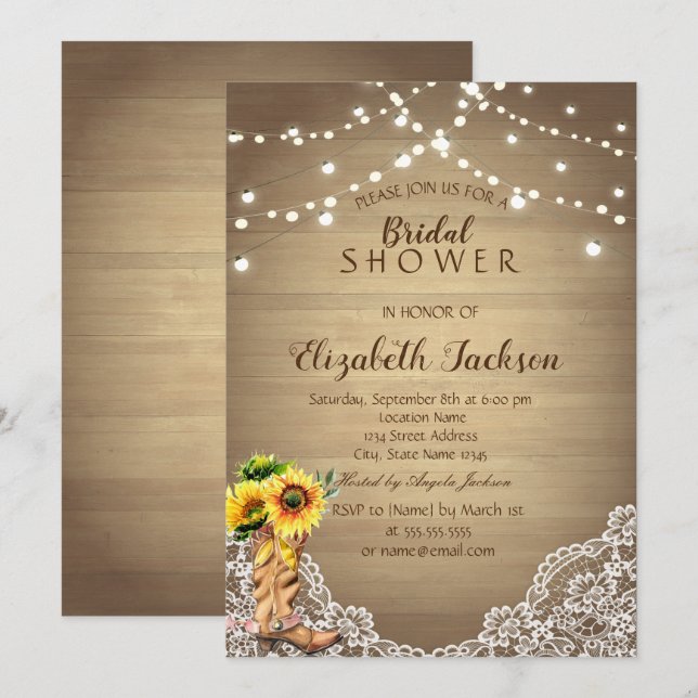 Invitation Rustique, dentelle, bottes de soleil mariage champ (Devant / Derrière)