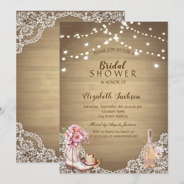 Invitation Rustique, Dentelle, Bottes Fleurs Baby Shower Mari (Devant / Derrière)