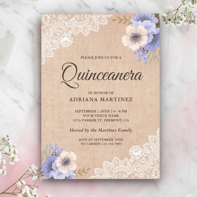 Invitation Rustique dentelle de jute fleurs violettes Quincea (Créateur téléchargé)