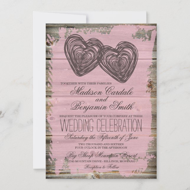 Invitation Rustique Deux Coeurs Grange Bois Rose Mariage Invi (Devant)