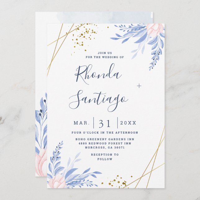 Invitation Rustique Dusty Blue Aquarelle Feuille Mariage or (Devant / Derrière)