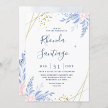 Rustique Dusty Blue Aquarelle Feuille Mariage or