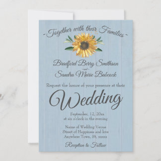 Invitation Rustique Dusty Blue Barn Wood, Sunflower Mariage I