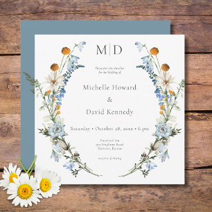 Invitation Rustique Dusty Blue Fleurs sauvages & Daisy Carré