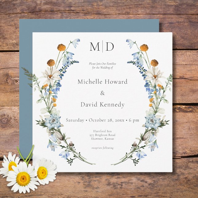 Invitation Rustique Dusty Blue Fleurs sauvages & Daisy Carré (Rustic Dusty Blue Wildflowers & Daisies Square Wedding Invitation)