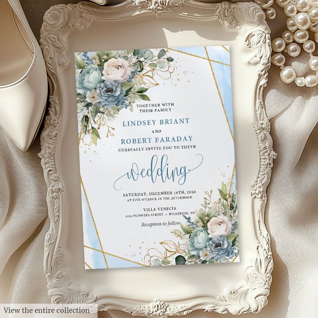 Invitation Rustique Dusty Blue Sage Gold Floral Wedding Invit (Rustic Dusty Blue Sage Gold Floral Wedding Invite)