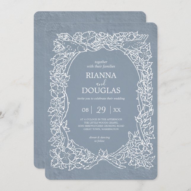 Invitation Rustique Dusty Blue & White Floral Bird Mariage (Devant / Derrière)