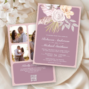 Invitation Rustique Dusty Mauve rose Floral QR Code Mariage